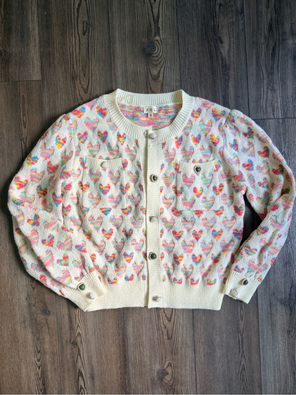 POL Multicolor Heart Pattern Cream Cardigan